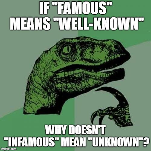 Philosoraptor | IF "FAMOUS" MEANS "WELL-KNOWN"; WHY DOESN'T "INFAMOUS" MEAN "UNKNOWN"? | image tagged in memes,philosoraptor | made w/ Imgflip meme maker