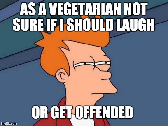 Futurama Fry Meme | AS A VEGETARIAN NOT SURE IF I SHOULD LAUGH OR GET OFFENDED | image tagged in memes,futurama fry | made w/ Imgflip meme maker