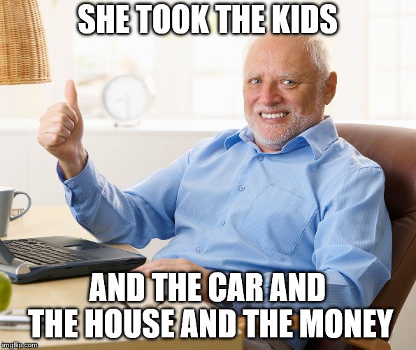 Hide the pain harold | SHE TOOK THE KIDS AND THE CAR AND THE HOUSE AND THE MONEY | image tagged in hide the pain harold | made w/ Imgflip meme maker