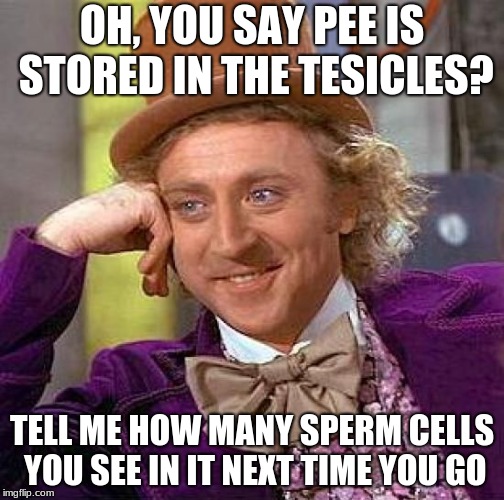 Creepy Condescending Wonka | OH, YOU SAY PEE IS STORED IN THE TESICLES? TELL ME HOW MANY SPERM CELLS YOU SEE IN IT NEXT TIME YOU GO | image tagged in memes,creepy condescending wonka | made w/ Imgflip meme maker