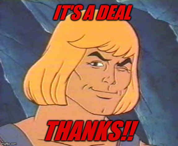 He-Man Wink | IT'S A DEAL; THANKS!! | image tagged in he-man wink | made w/ Imgflip meme maker