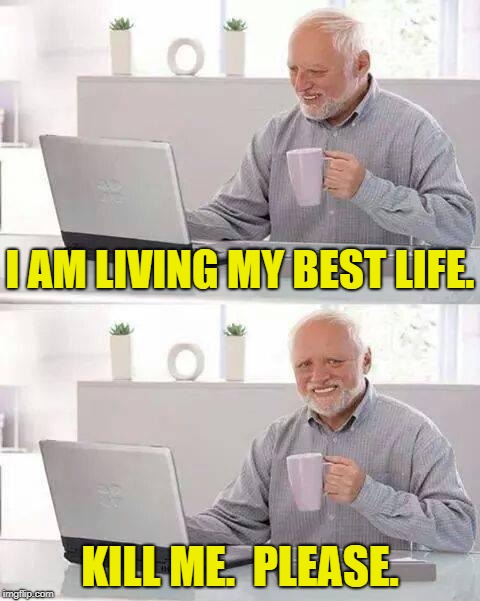 Living La Vida | I AM LIVING MY BEST LIFE. KILL ME.  PLEASE. | image tagged in memes,hide the pain harold,living,living the dream,i want to die,somebody kill me please | made w/ Imgflip meme maker