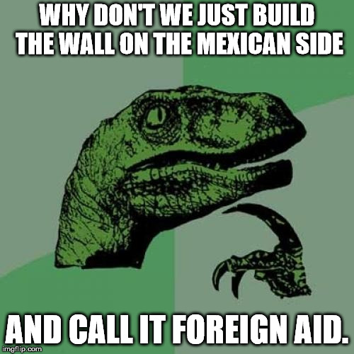 The Democrats have no problem funding walls in other countries like Jordan, Egypt, and Tunisia. | WHY DON'T WE JUST BUILD THE WALL ON THE MEXICAN SIDE; AND CALL IT FOREIGN AID. | image tagged in memes,philosoraptor | made w/ Imgflip meme maker