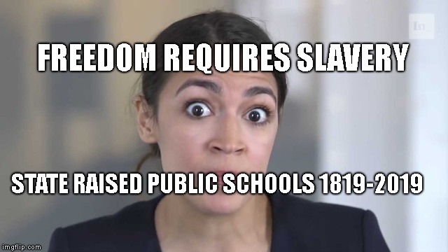 Crazy Alexandria Ocasio-Cortez | FREEDOM REQUIRES SLAVERY; STATE RAISED PUBLIC SCHOOLS 1819-2019 | image tagged in crazy alexandria ocasio-cortez | made w/ Imgflip meme maker