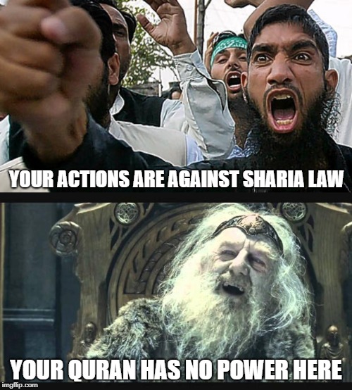 YOUR ACTIONS ARE AGAINST SHARIA LAW; YOUR QURAN HAS NO POWER HERE | image tagged in you have no power here,angry muslim | made w/ Imgflip meme maker