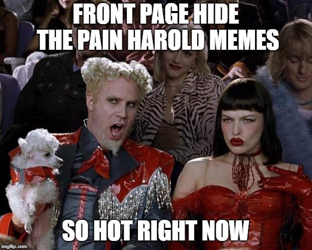 Mugatu So Hot Right Now Meme | FRONT PAGE HIDE THE PAIN HAROLD MEMES; SO HOT RIGHT NOW | image tagged in memes,mugatu so hot right now | made w/ Imgflip meme maker