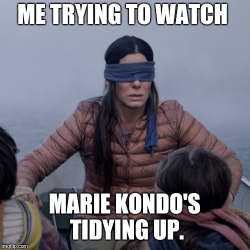 Bird Box Meme | ME TRYING TO WATCH; MARIE KONDO'S TIDYING UP. | image tagged in birdbox | made w/ Imgflip meme maker