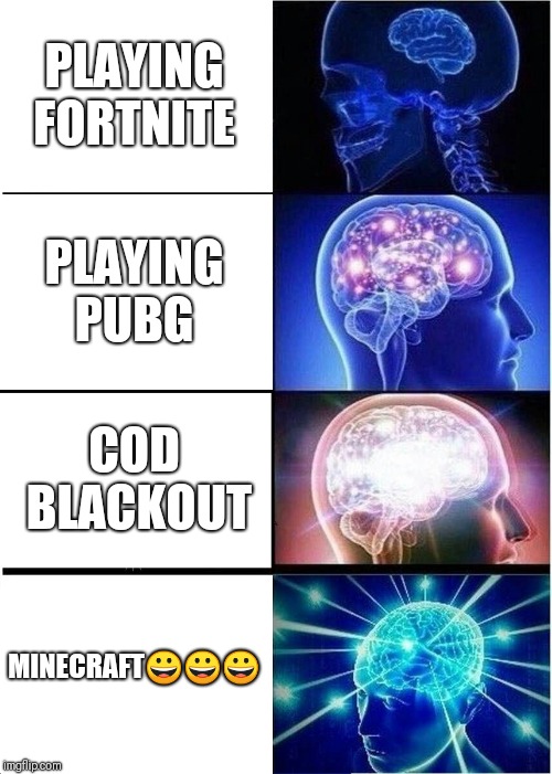 Expanding Brain | PLAYING FORTNITE; PLAYING PUBG; COD BLACKOUT; MINECRAFT😀😀😀 | image tagged in memes,expanding brain | made w/ Imgflip meme maker