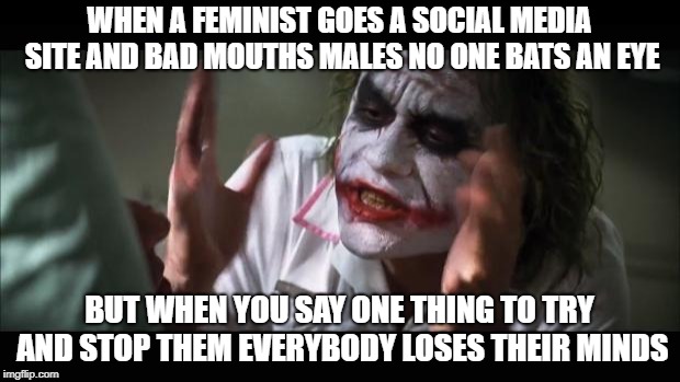 And everybody loses their minds Meme | WHEN A FEMINIST GOES A SOCIAL MEDIA SITE AND BAD MOUTHS MALES NO ONE BATS AN EYE; BUT WHEN YOU SAY ONE THING TO TRY AND STOP THEM EVERYBODY LOSES THEIR MINDS | image tagged in memes,and everybody loses their minds | made w/ Imgflip meme maker
