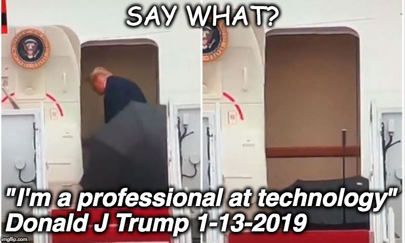 Trump umbrella door | SAY WHAT? "I'm a professional at technology"          
Donald J Trump 1-13-2019 | image tagged in trump umbrella door | made w/ Imgflip meme maker