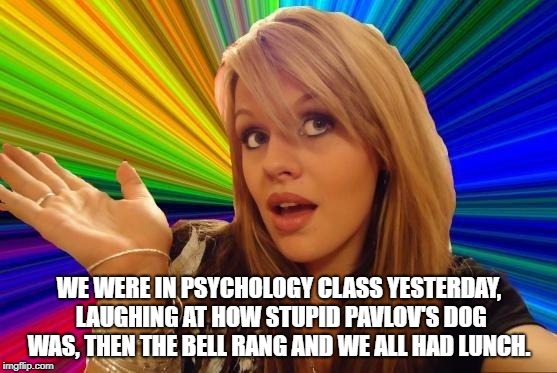 Dumb Blonde | WE WERE IN PSYCHOLOGY CLASS YESTERDAY, LAUGHING AT HOW STUPID PAVLOV'S DOG WAS, THEN THE BELL RANG AND WE ALL HAD LUNCH. | image tagged in memes,dumb blonde | made w/ Imgflip meme maker
