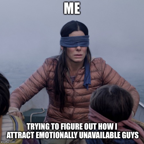 Bird Box | ME; TRYING TO FIGURE OUT HOW I ATTRACT EMOTIONALLY UNAVAILABLE GUYS | image tagged in bird box | made w/ Imgflip meme maker