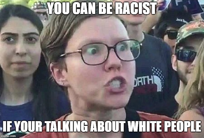 Triggered Liberal | YOU CAN BE RACIST IF YOUR TALKING ABOUT WHITE PEOPLE | image tagged in triggered liberal | made w/ Imgflip meme maker