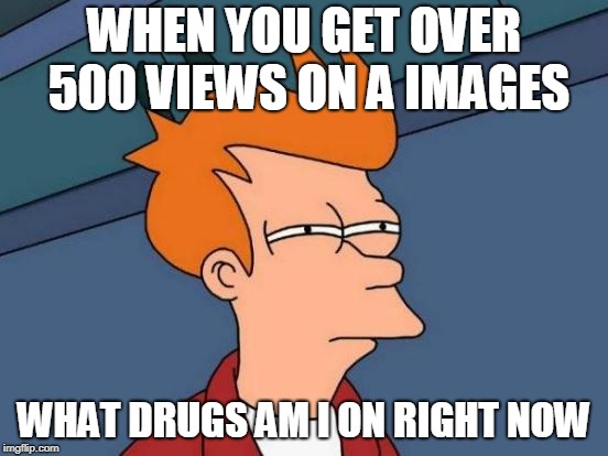 Futurama Fry Meme | WHEN YOU GET OVER 500 VIEWS ON A IMAGES; WHAT DRUGS AM I ON RIGHT NOW | image tagged in memes,futurama fry | made w/ Imgflip meme maker