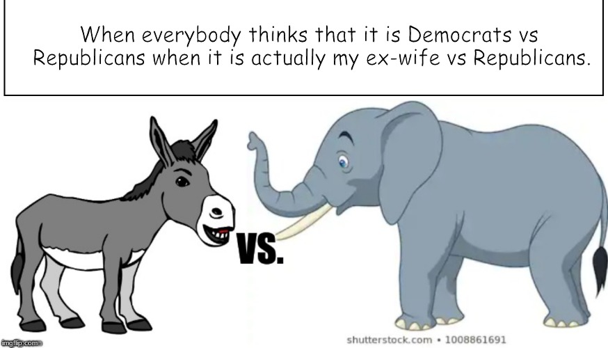 When everybody thinks that it is Democrats vs Republicans when it is actually my ex-wife vs Republicans. | image tagged in political humor | made w/ Imgflip meme maker