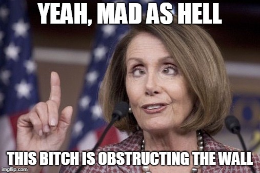 Nancy pelosi | YEAH, MAD AS HELL THIS B**CH IS OBSTRUCTING THE WALL | image tagged in nancy pelosi | made w/ Imgflip meme maker