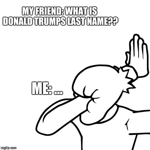 MY FRIEND: WHAT IS DONALD TRUMPS LAST NAME?? ME: ... | image tagged in facepalm | made w/ Imgflip meme maker