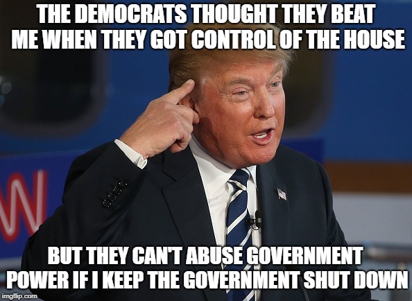 Always one step ahead | THE DEMOCRATS THOUGHT THEY BEAT ME WHEN THEY GOT CONTROL OF THE HOUSE; BUT THEY CAN'T ABUSE GOVERNMENT POWER IF I KEEP THE GOVERNMENT SHUT DOWN | image tagged in trump smart,stupid liberals | made w/ Imgflip meme maker