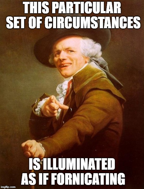 The Crazy Phrases Kids Today Use | THIS PARTICULAR SET OF CIRCUMSTANCES; IS ILLUMINATED AS IF FORNICATING | image tagged in memes,joseph ducreux | made w/ Imgflip meme maker