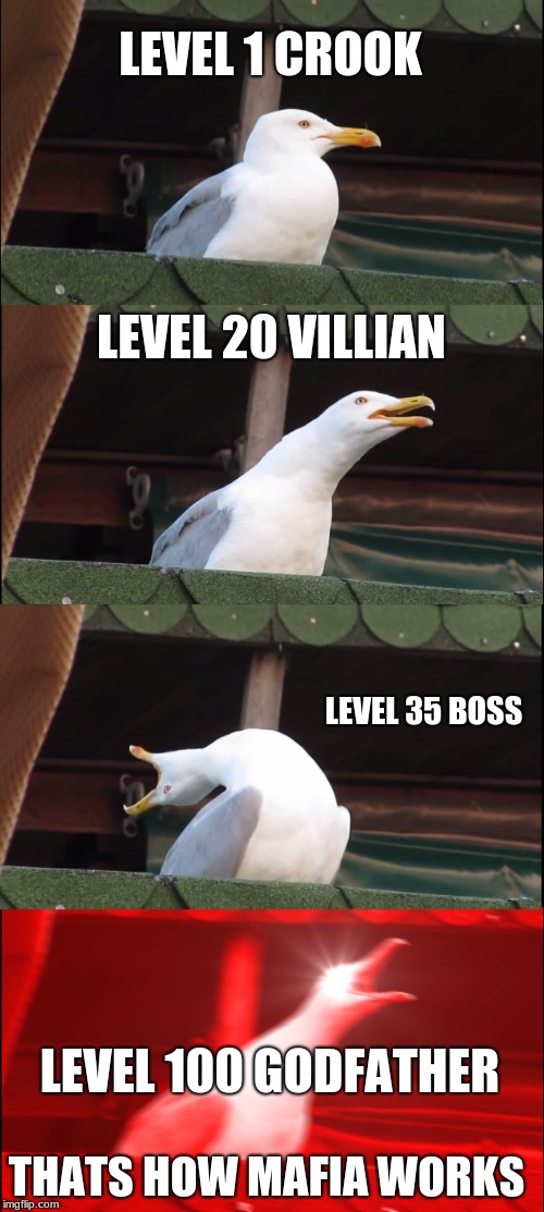Inhaling Seagull Meme | LEVEL 1 CROOK; LEVEL 20 VILLIAN; LEVEL 35 BOSS; LEVEL 100 GODFATHER; THATS HOW MAFIA WORKS | image tagged in memes,inhaling seagull | made w/ Imgflip meme maker