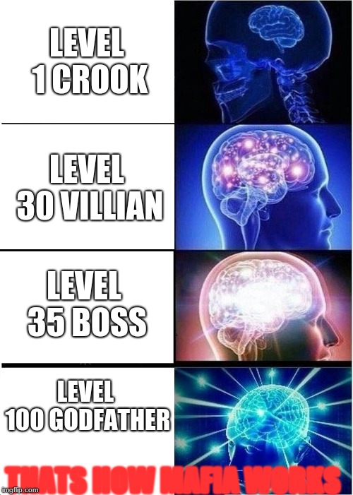 Expanding Brain | LEVEL 1 CROOK; LEVEL 30 VILLIAN; LEVEL 35 BOSS; LEVEL 100 GODFATHER; THATS HOW MAFIA WORKS | image tagged in memes,expanding brain | made w/ Imgflip meme maker