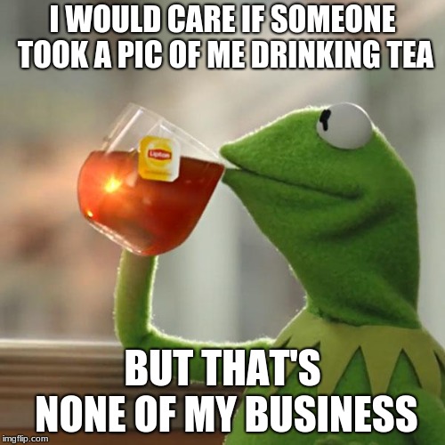 I'm Not Being Spied On By Meme Scientists | I WOULD CARE IF SOMEONE TOOK A PIC OF ME DRINKING TEA; BUT THAT'S NONE OF MY BUSINESS | image tagged in memes,but thats none of my business,kermit the frog | made w/ Imgflip meme maker