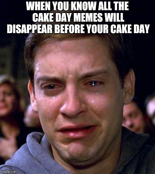 crying peter parker | WHEN YOU KNOW ALL THE CAKE DAY MEMES WILL DISAPPEAR BEFORE YOUR CAKE DAY | image tagged in crying peter parker | made w/ Imgflip meme maker