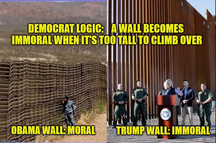 It impedes the flow of new democratic voters | DEMOCRAT LOGIC:    A WALL BECOMES IMMORAL WHEN IT'S TOO TALL TO CLIMB OVER; OBAMA WALL: MORAL; TRUMP WALL: IMMORAL | image tagged in democrats,border wall,trump,illegal immigration,maga | made w/ Imgflip meme maker