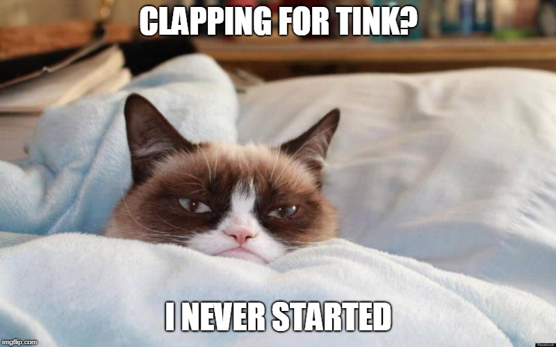 grumpy cat bed | CLAPPING FOR TINK? I NEVER STARTED | image tagged in grumpy cat bed | made w/ Imgflip meme maker