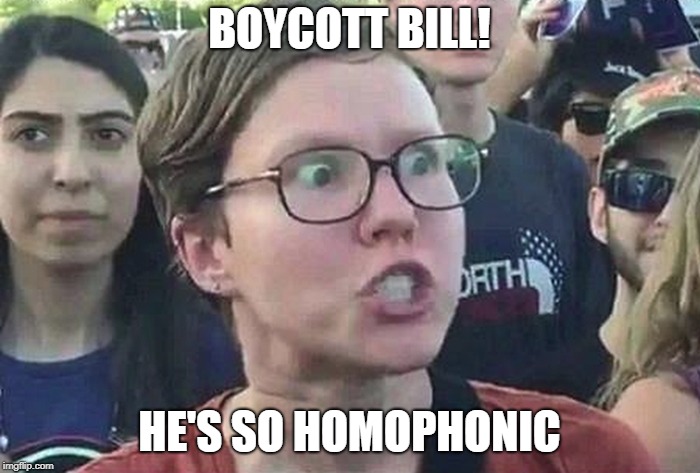 Triggered Liberal | BOYCOTT BILL! HE'S SO HOMOPHONIC | image tagged in triggered liberal | made w/ Imgflip meme maker