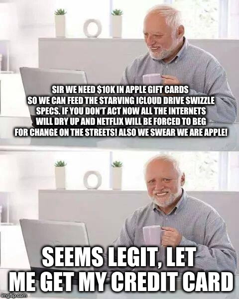 Hide the Pain Harold | SIR WE NEED $10K IN APPLE GIFT CARDS SO WE CAN FEED THE STARVING ICLOUD DRIVE SWIZZLE SPECS. IF YOU DON'T ACT NOW ALL THE INTERNETS WILL DRY UP AND NETFLIX WILL BE FORCED TO BEG FOR CHANGE ON THE STREETS! ALSO WE SWEAR WE ARE APPLE! SEEMS LEGIT, LET ME GET MY CREDIT CARD | image tagged in memes,hide the pain harold | made w/ Imgflip meme maker