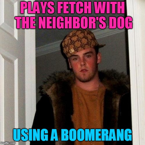Driving the Dog Barking Mad | PLAYS FETCH WITH THE NEIGHBOR'S DOG; USING A BOOMERANG | image tagged in memes,scumbag steve,dog,karma,bark,bite | made w/ Imgflip meme maker