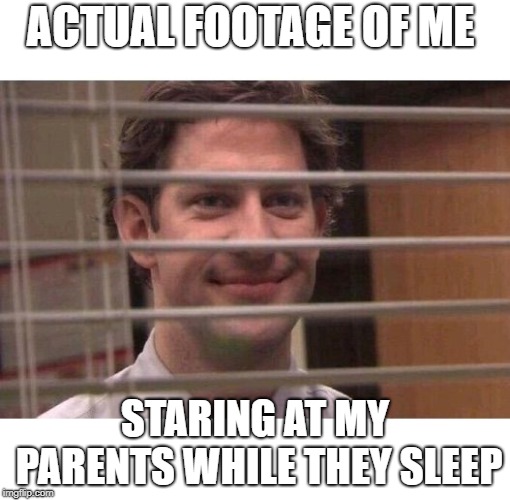 Jim Office Blinds | ACTUAL FOOTAGE OF ME; STARING AT MY PARENTS WHILE THEY SLEEP | image tagged in jim office blinds | made w/ Imgflip meme maker