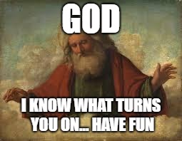 god | GOD; I KNOW WHAT TURNS YOU ON... HAVE FUN | image tagged in god | made w/ Imgflip meme maker