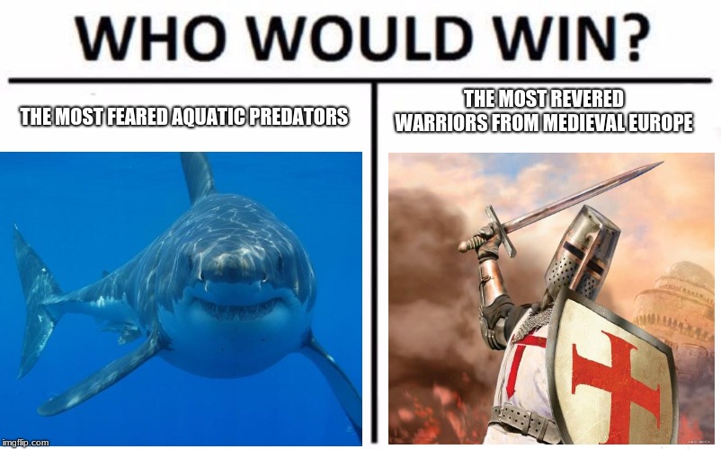 Another "Current state of r/dankmemes" post. | THE MOST REVERED WARRIORS FROM MEDIEVAL EUROPE; THE MOST FEARED AQUATIC PREDATORS | image tagged in knight,shark,reddit,2019 | made w/ Imgflip meme maker