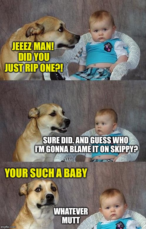 Baby and dog | JEEEZ MAN! DID YOU JUST RIP ONE?! SURE DID. AND GUESS WHO I’M GONNA BLAME IT ON SKIPPY? YOUR SUCH A BABY; WHATEVER MUTT | image tagged in baby and dog | made w/ Imgflip meme maker