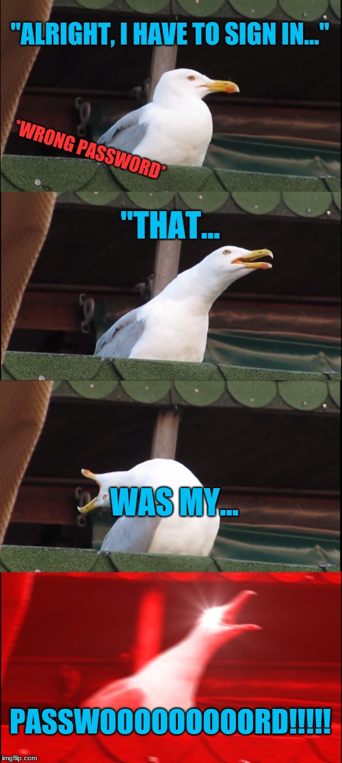 Inhaling Seagull | "ALRIGHT, I HAVE TO SIGN IN..."; *WRONG PASSWORD*; "THAT... WAS MY... PASSWOOOOOOOOORD!!!!! | image tagged in memes,inhaling seagull | made w/ Imgflip meme maker