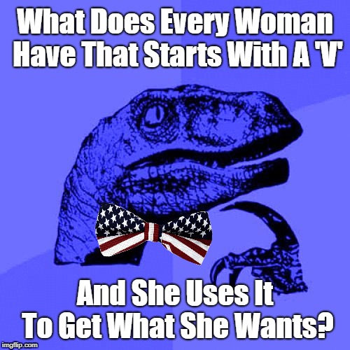 Does Anyone Know?? v( ‘.’ )v | What Does Every Woman Have That Starts With A 'V'; And She Uses It To Get What She Wants? | image tagged in philosoraptor blue craziness,philosoraptor,memes,riddle,brain teasers,dirty mind | made w/ Imgflip meme maker