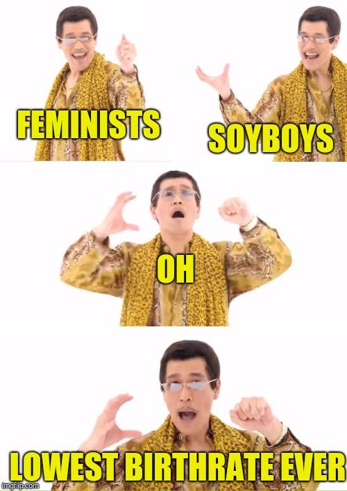 PPAP | FEMINISTS; SOYBOYS; OH; LOWEST BIRTHRATE EVER | image tagged in memes,ppap | made w/ Imgflip meme maker