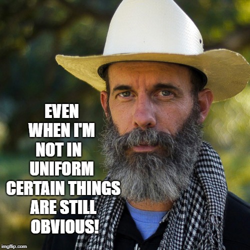 Obviously Captain Obvious in Plain Clothes | EVEN WHEN I'M  NOT IN    UNIFORM  CERTAIN THINGS ARE STILL    OBVIOUS! | image tagged in vince vance,captain obvious,cowboy hat,gray beard,plain clothes,uniform | made w/ Imgflip meme maker