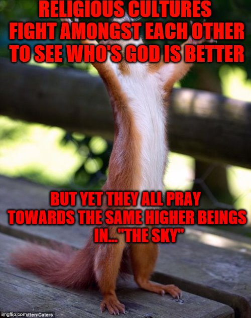 Praying Squirrel | RELIGIOUS CULTURES FIGHT AMONGST EACH OTHER TO SEE WHO'S GOD IS BETTER; BUT YET THEY ALL PRAY TOWARDS THE SAME HIGHER BEINGS           IN..."THE SKY" | image tagged in praying squirrel | made w/ Imgflip meme maker
