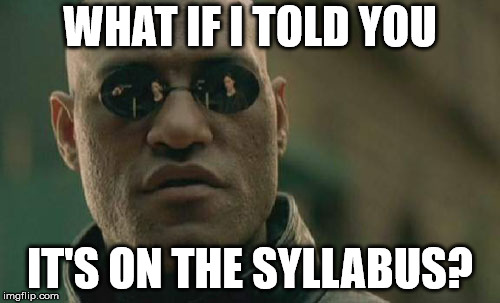 It's on the syllabus. | WHAT IF I TOLD YOU; IT'S ON THE SYLLABUS? | image tagged in memes,matrix morpheus,syllabus | made w/ Imgflip meme maker