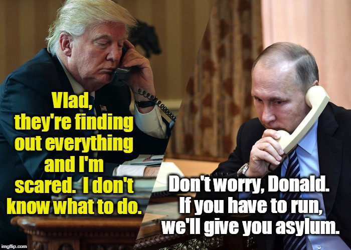. | Vlad, they're finding out everything and I'm scared.  I don't know what to do. Don't worry, Donald. If you have to run, we'll give you asylum. | image tagged in trump,putin,secrets,asylum | made w/ Imgflip meme maker