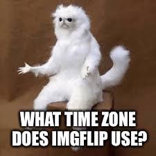 Genuine Question if Anybody is Able to Enlighten Me? | WHAT TIME ZONE DOES IMGFLIP USE? | image tagged in memes,cats,question | made w/ Imgflip meme maker