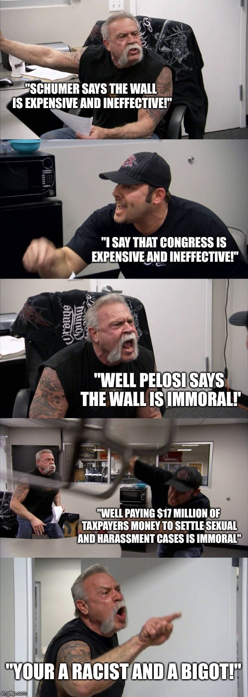 American Chopper Argument Meme | "SCHUMER SAYS THE WALL IS EXPENSIVE AND INEFFECTIVE!"; "I SAY THAT CONGRESS IS EXPENSIVE AND INEFFECTIVE!"; "WELL PELOSI SAYS THE WALL IS IMMORAL!'; "WELL PAYING $17 MILLION OF TAXPAYERS MONEY TO SETTLE SEXUAL AND HARASSMENT CASES IS IMMORAL"; "YOUR A RACIST AND A BIGOT!" | image tagged in memes,american chopper argument | made w/ Imgflip meme maker