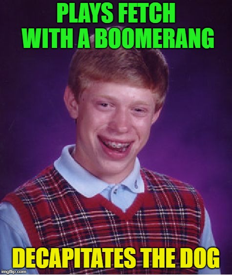 Bad Luck Brian Meme | PLAYS FETCH WITH A BOOMERANG DECAPITATES THE DOG | image tagged in memes,bad luck brian | made w/ Imgflip meme maker