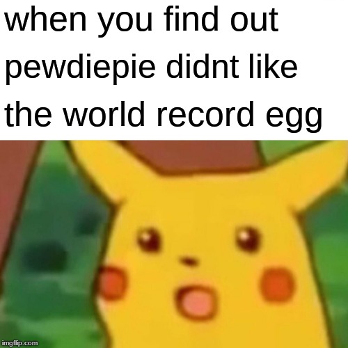 Surprised Pikachu | when you find out; pewdiepie didnt like; the world record egg | image tagged in memes,surprised pikachu | made w/ Imgflip meme maker