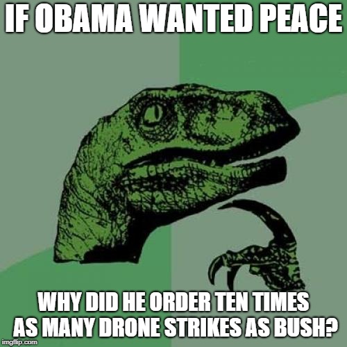 Philosoraptor | IF OBAMA WANTED PEACE; WHY DID HE ORDER TEN TIMES AS MANY DRONE STRIKES AS BUSH? | image tagged in memes,philosoraptor | made w/ Imgflip meme maker