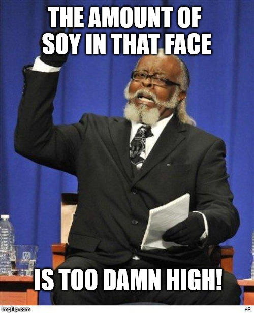 The amount of X is too damn high | THE AMOUNT OF SOY IN THAT FACE; IS TOO DAMN HIGH! | image tagged in the amount of x is too damn high | made w/ Imgflip meme maker