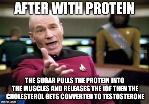 Picard Wtf Meme | AFTER WITH PROTEIN THE SUGAR PULLS THE PROTEIN INTO THE MUSCLES AND RELEASES THE IGF THEN THE CHOLESTEROL GETS CONVERTED TO TESTOSTERONE | image tagged in memes,picard wtf | made w/ Imgflip meme maker